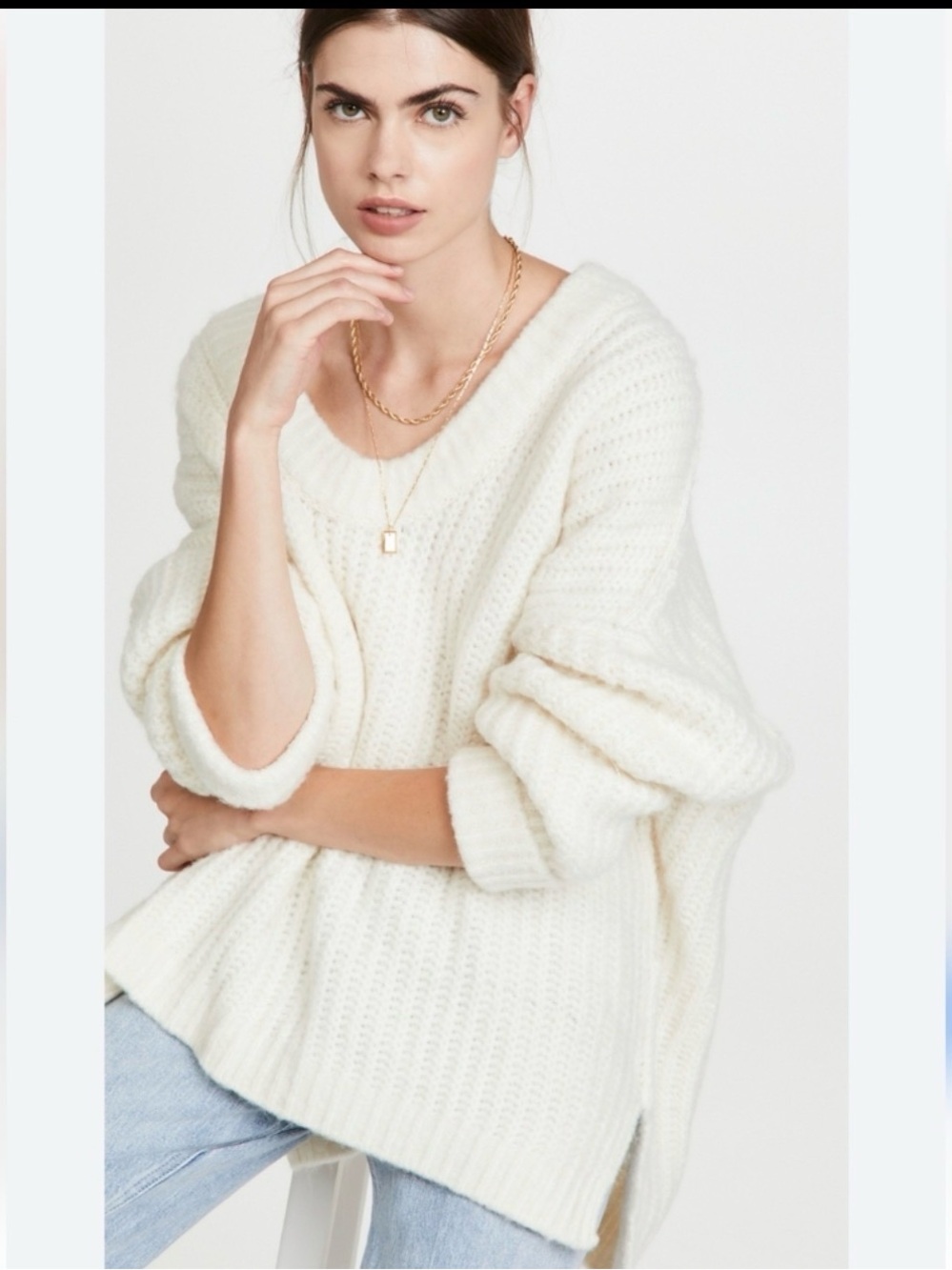 Free People Cream V-Neck Sweater